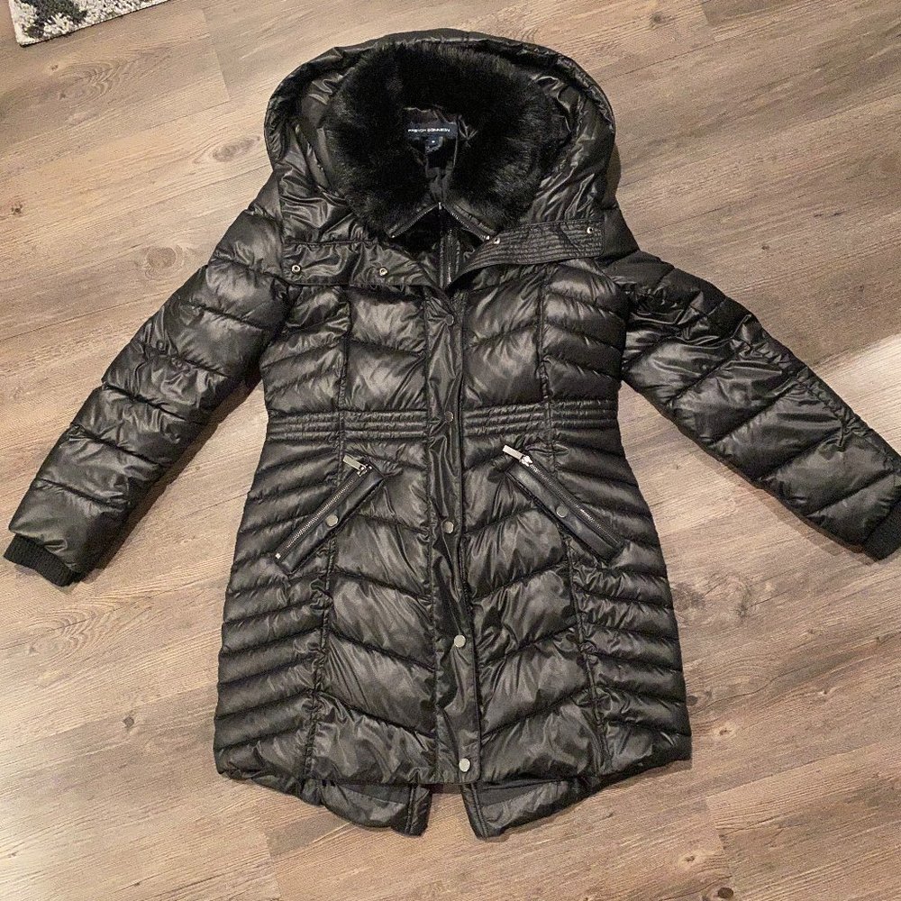 French Connection 3/4 black puffer coat Faux Fur